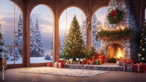 Interior christmas gifts fireplace magic tress in nature view.