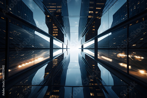 View from bottom to top Reflective skyscrapers.
