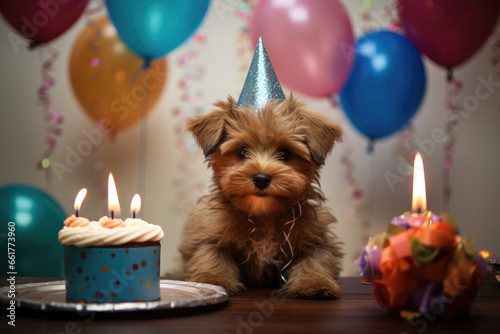 Cute puppy celebrating birthday