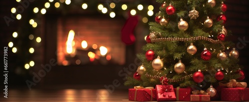 A scene in the living room during Christmas, featuring a stunningly adorned tree, stockings hung near the fireplace, and a cozy ambiance created by the soft, radiant lights.