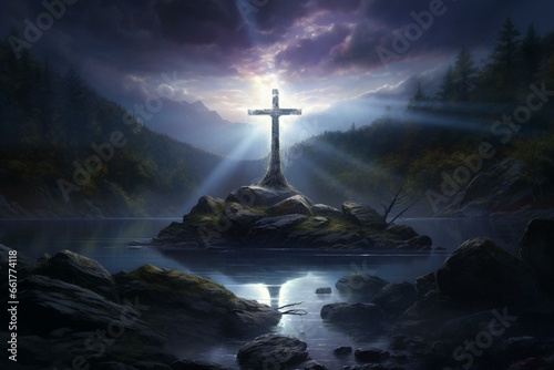 A cross in a mystical artwork of a peak lake with trees, stones, and glowing light permeating the center. Generative AI