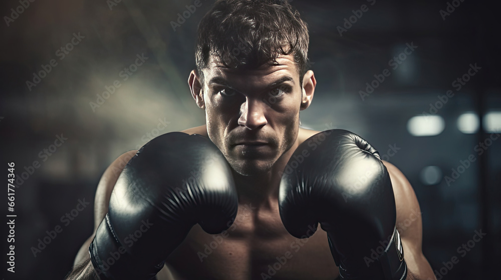 a strong male boxer training at the gym.