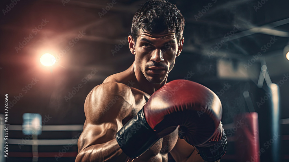 a strong male boxer training at the gym.