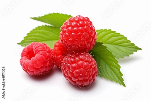 Close-up of red raspberry fruit and green leaves isolated on a white background. Generative AI