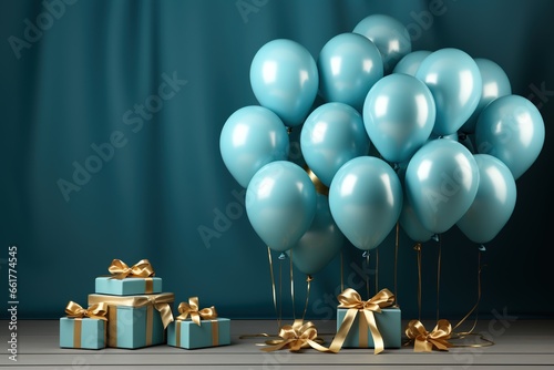 Blue balloons and gift boxes on blue wall background. 3D Render
