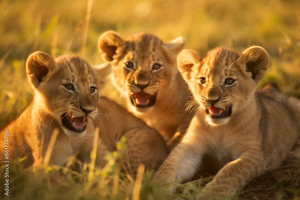 Playful lion cub enjoying time with littermates in a sunlit savannah clearing. Generative AI