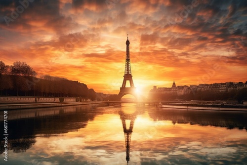Sunrise with Paris and Eiffel Tower. Generative AI © Miriam
