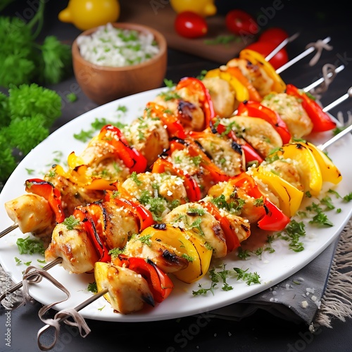 Chicken shish kebab on skewers with red and yellow bell pepper
