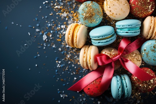 Colorful macaroons on blue background. Top view with copy space
