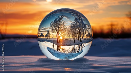 Winter s Enchanting Embrace  Golden Sunset Through a Crystal Lens in Snowy Serenity. Generative AI