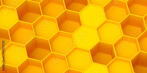 Volumetric hexagons at different levels. Background and backdrop in the form of a honeycomb.