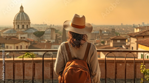 Back view of Tourist woman with hat and backpack at vacation in Rome, Italy.