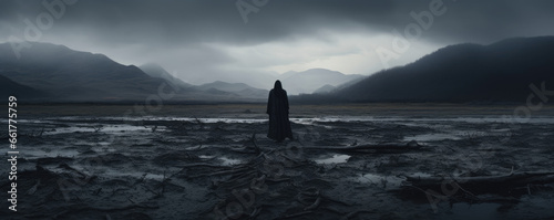 Dark and ominous scene featuring a sinister, shadowy figure in a desolate landscape
