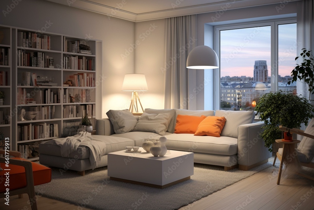3D-rendered apartment interior with a living room. Generative AI