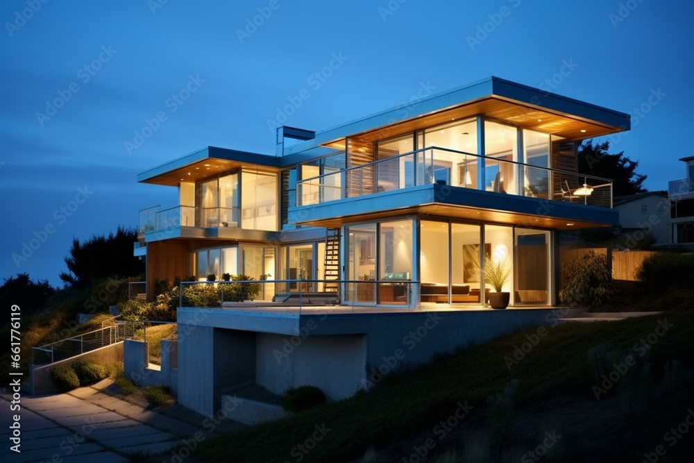 Sustainable coastal residence with modern minimalist design. Generative AI