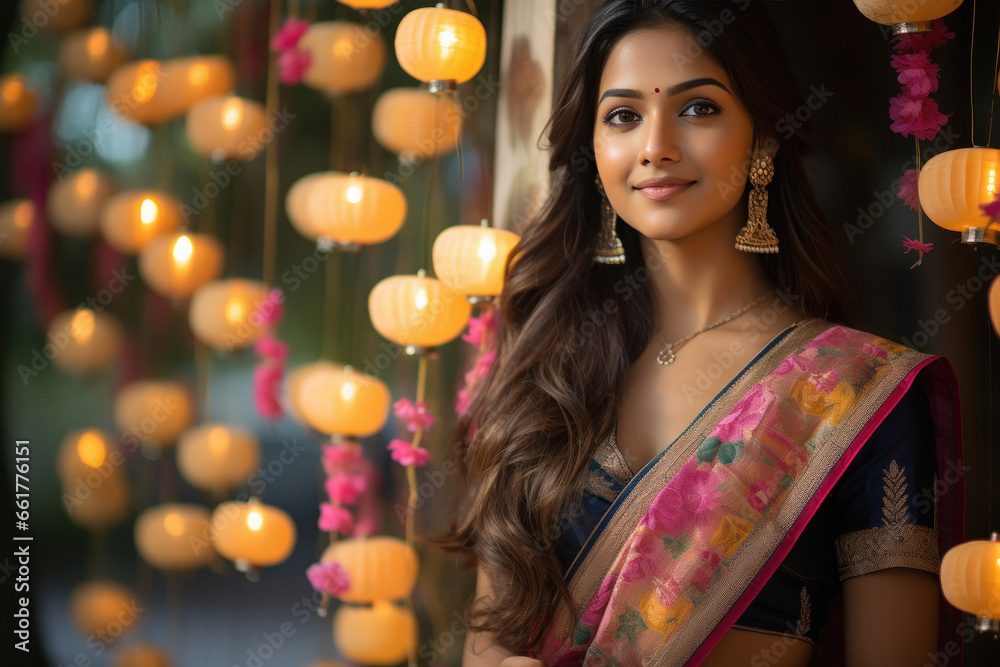 Young indian woman in traditional saree, smiling celebrating diwali festival. Young indian woman in traditional saree, smiling celebrating diwali festival.