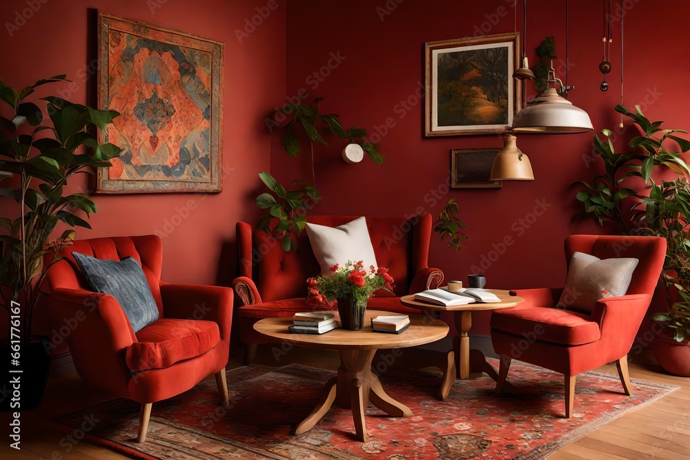 A cozy reading nook with two comfortable chairs and a wooden table on a warm red wall.