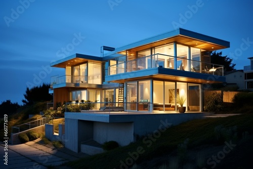 Sustainable coastal residence with modern minimalist design. Generative AI © Sawyer