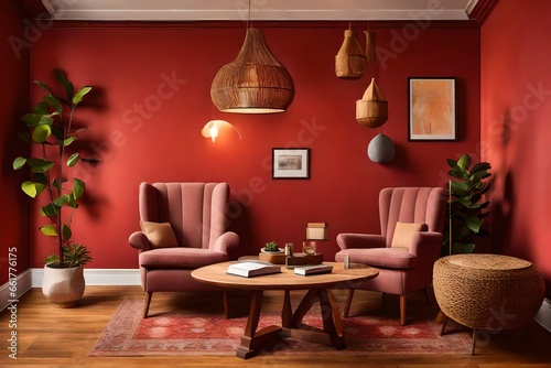 A cozy reading nook with two comfortable chairs and a wooden table on a warm red wall.