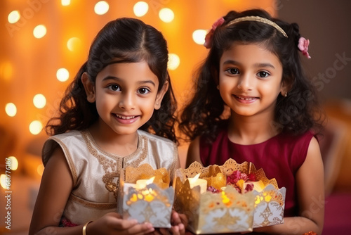 Two indian little girl smiling, holding gift box in hand.