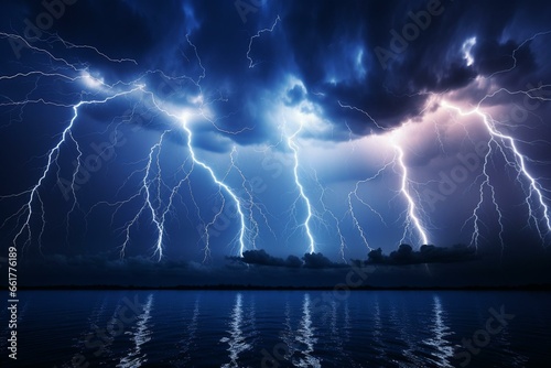 Image shows multiple bolts of lightning in the sky. Generative AI