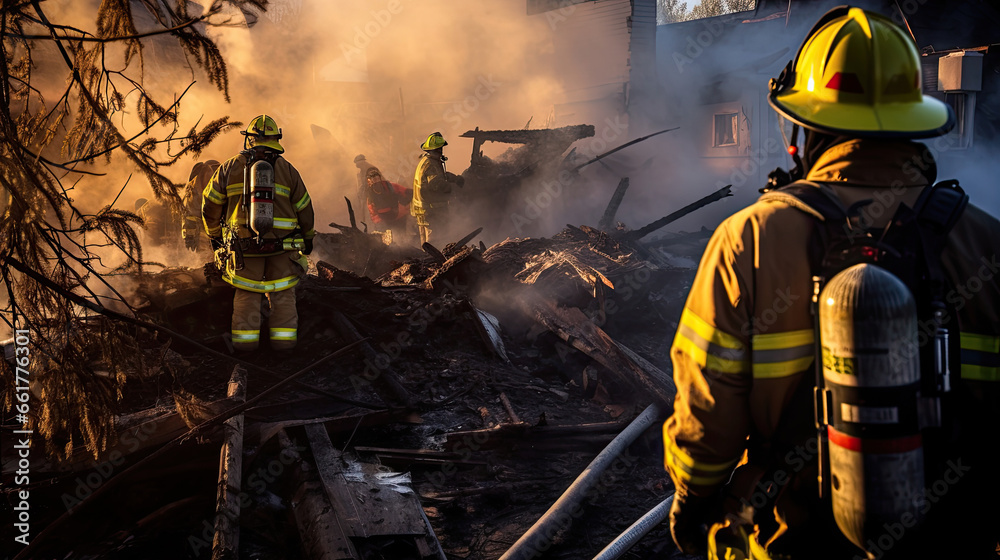 Firefighters put out a fire in a burned-out house. The rescue service is looking for people after natural disasters. Debris clearing.