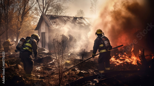 Firefighters put out a fire in a burned-out house. The rescue service is looking for people after natural disasters. Debris clearing.