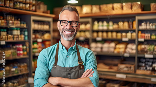 Portrait of happy attractive male standing with arms crossed grocery store manager.