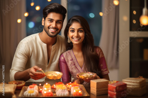 Young indian couple celebrating diwali festival at home