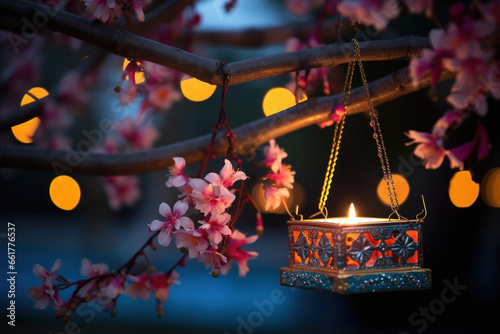 Colorful lanterns or Diwali lamps hanging on tree branches.