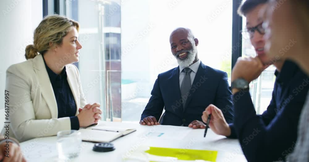 Meeting, collaboration and pov with a business team in the boardroom together for planning or strategy. Teamwork, management and leadership with a man and woman employee group in an office workshop