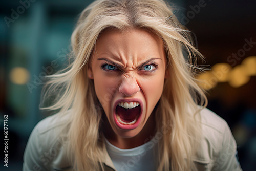 Mujer joven rubia con ojos azules muy enfadada gritando photo