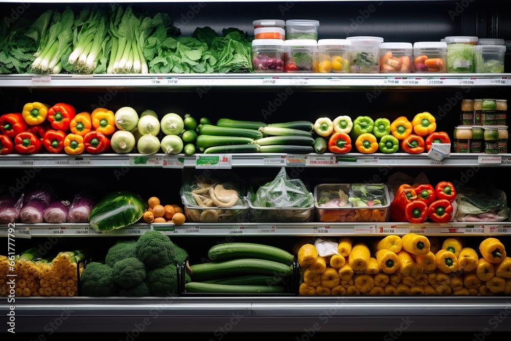 Fruits and vegetables in the refrigerated shelf of a supermarket 