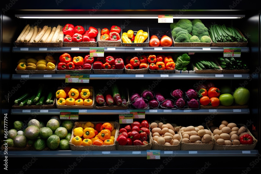 Fruits and vegetables in the refrigerated shelf of a supermarket 