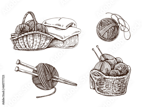 Hand-drawn sketch of basket with balls of yarn, wool, knitted goods. Knitwear, handmade, knitting equipment concept in vintage doodle style. Engraving style.