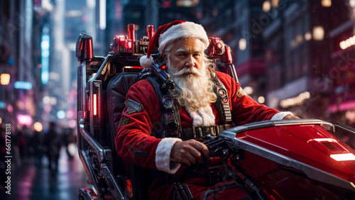 A futuristic Santa Claus in a high-tech sleigh, delivering gifts with drones in a cyberpunk cityscape