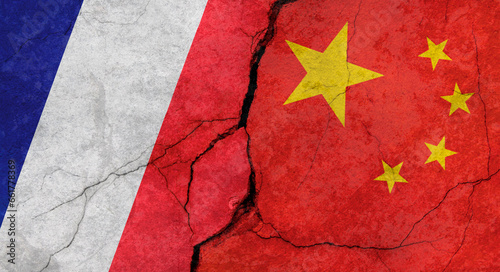Canvas Print Flags of France and China, concrete wall texture with cracks, grunge background,