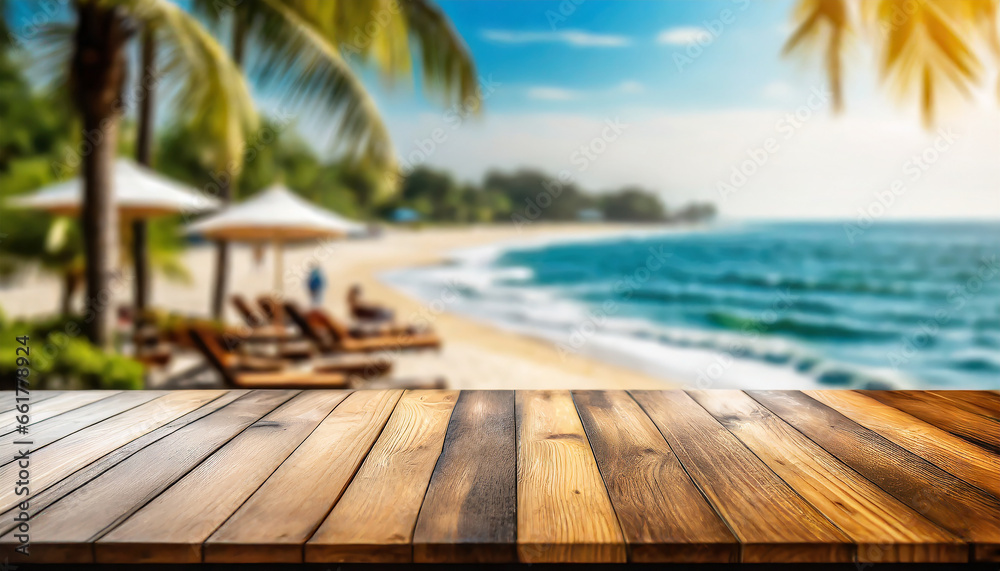 Fototapeta premium Empty wooden floor for product display montage with blurred sea background