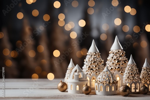 Christmas decoration on a wooden table with bokeh lights in the background. A Cozy White Christmas Background with Bokeh Lights and Christmas trees © annne