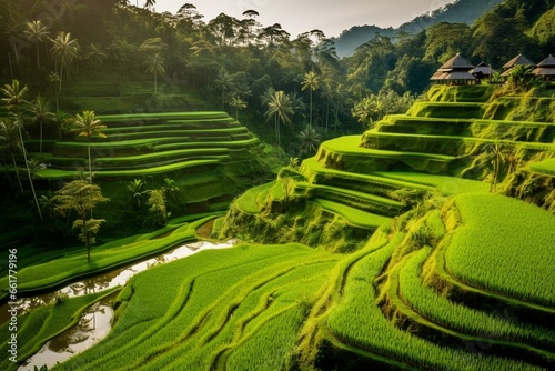 Terraced rice field with green scenery in Samboja, Indonesia. Generative AI photo