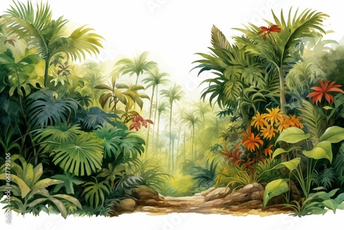 Colorful watercolor illustration of a tropical jungle with a transparent background  showcasing a vibrant woodland landscape. Generative AI
