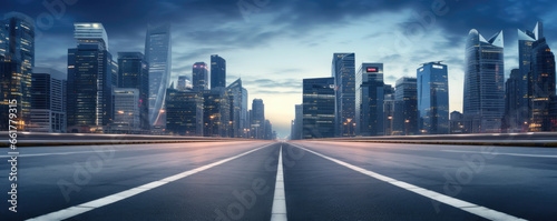 Empty road of a modern city with skyscrapers
