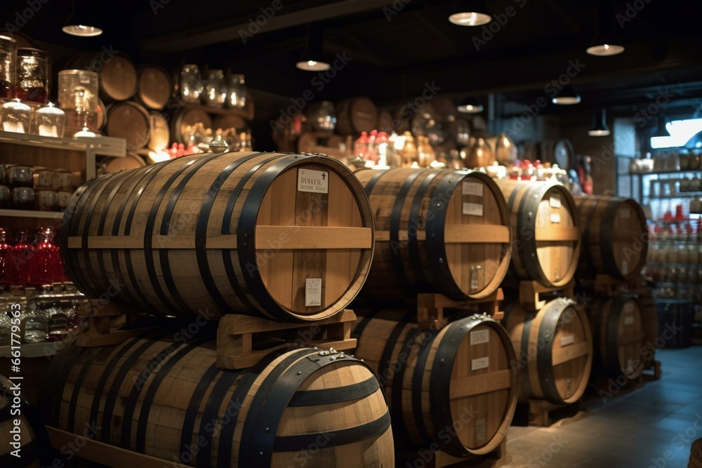 Wooden wine casks in store. Generative AI