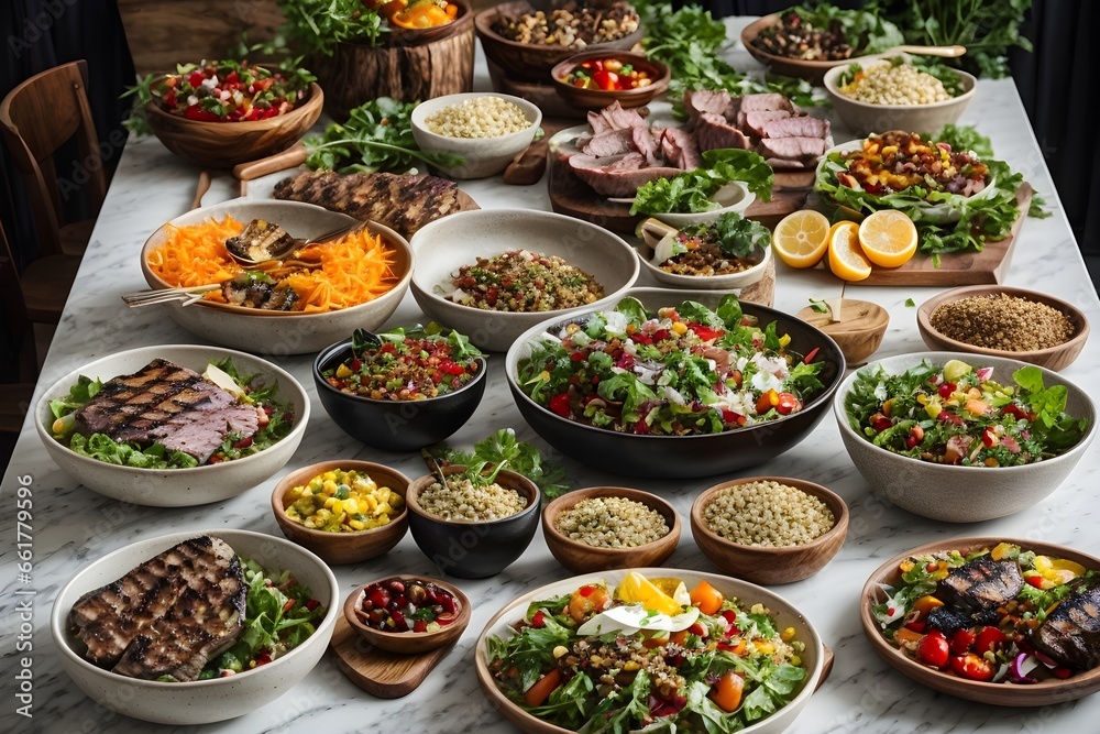 Fototapeta premium Fresh food. Vegetables and steaming meat. Outside grill. Generative AI.