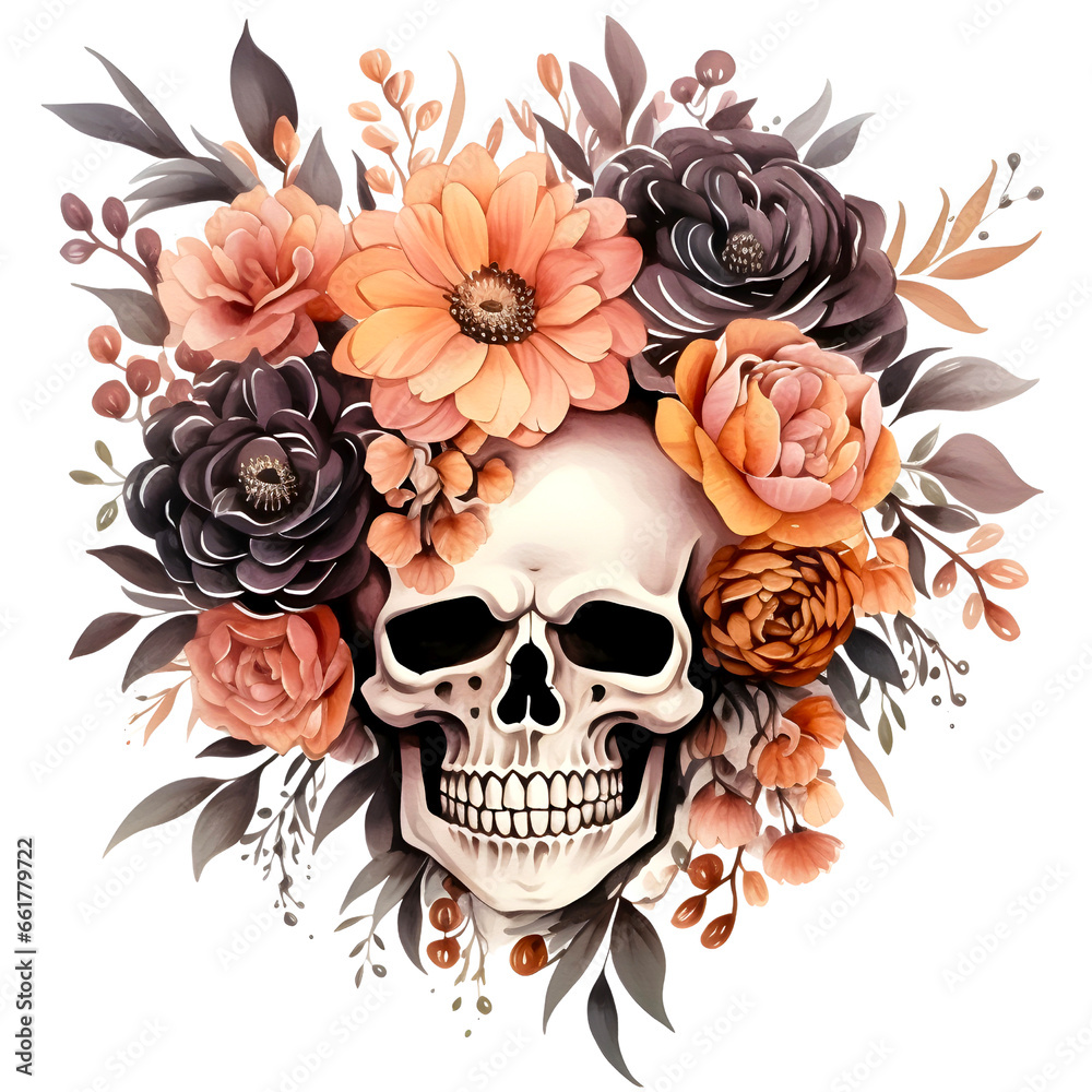 Halloween bouquet with skull watercolor design with transparent background, PNG illustration Halloween bouquet with skull watercolor design with transparent background, PNG illustration