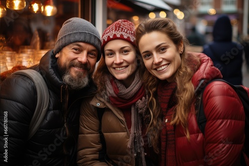 Photo of friends at a busy Christmas market