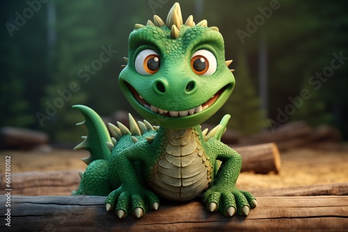 Funny green dragon on wooden background. 3d render illustration. © vachom