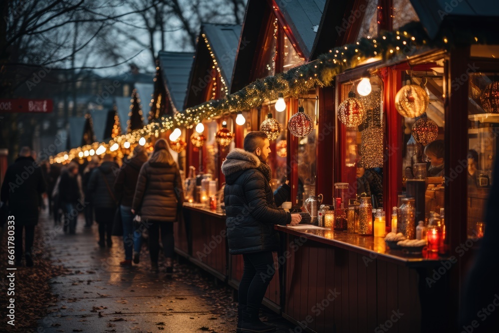 Christmas market with festive stalls, sellers and visitors