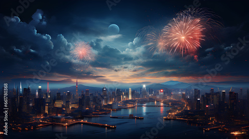 illustration of a city background with a sea view with a New Year theme © azone