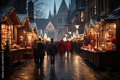 Photo of a busy Christmas market: festive stalls, vendors and visitors, bright festive atmosphere